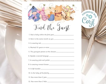 May include: A printable game card with Winnie the Pooh and friends. The card has the title "Find the Guest" and a list of 12 questions to ask guests at a party.