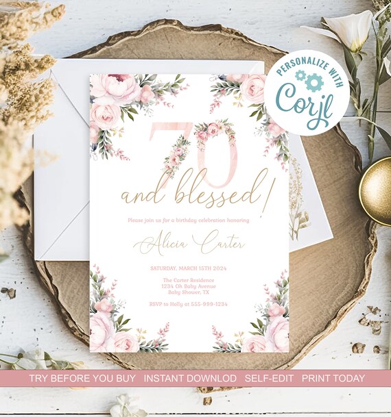 70 and Blessed Birthday Party Invitation Template 70th Birthday Invite PInk Peonies 70th Birthday EDITABLE INSTANT DOWNLOAD Printable p1