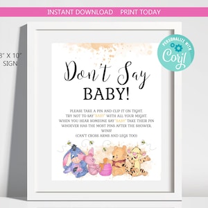Winnie the Pooh Don&#39;t Say Baby Game Winnie Pooh Baby Girl Shower It&#39;s a Girl A Little Hunny is on Her Way INSTANT DOWNLOAD PRINTABLE hp