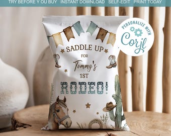 Editable Western Cowboy Chip Bag Template 1st Rodeo Birthday Boy Western Birthday Instant Download 1rb