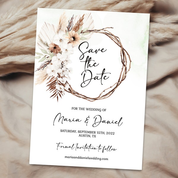 Boho Save the Date Template Pampas Grass Save the Date Bohemian Wedding Announcement Rust Cream Floral EDITABLE INSTANT DOWNLOAD bhw