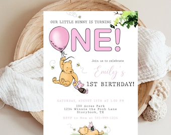 Our Little Hunny is Turning One Girl Birthday Party Invitation Template Winnie the Pooh 1st Birthday EDITABLE INSTANT DOWNLOAD Printable hp2