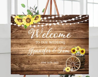 Rustic Sunflower Wedding Welcome Sign Template, Barnwood (Instant Download)