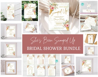 May include: A bridal shower printable bundle with an ice cream cone theme. The bundle includes a welcome sign, invitations, games, and thank you cards. The design features pink and gold floral accents.