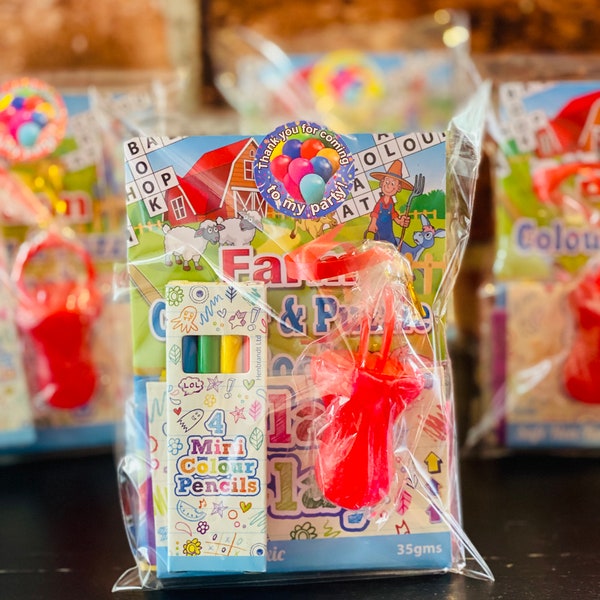 Filled party bags | Party bag favours | birthday party bags | mini pencils | colouring book | modelling clay | sweets | treat bags