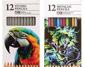 OFFRE SPÉCIALE - 2 paquets de crayons différents, 12 crayons de couleur de studio et 12 crayons métalliques