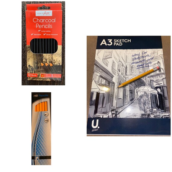 Special Offer Drawing Set 1 A3 Sketch Pad, 1 Pack of Charcoal Pencils & 1  Pack of HB Pencils 