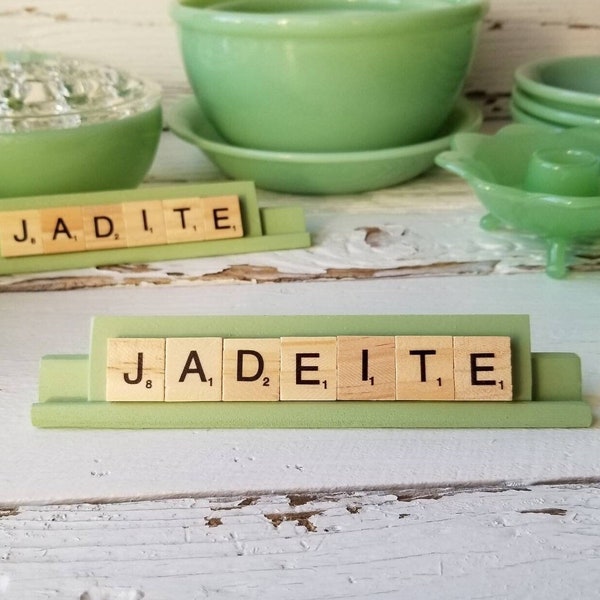 Jadeite or Jadite Scrabble Display Sign - Scrabble Tiles Spell J A D E I T E  or J A D I T E - Jadeite Green Sign on Wooden Rack - CHOICE