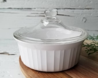 Corning FRENCH WHITE Casserole & Lid - 16 oz Round Ribbed French White F-16-B By CorningWare - White Ceramic Stoneware Dish W/Lid