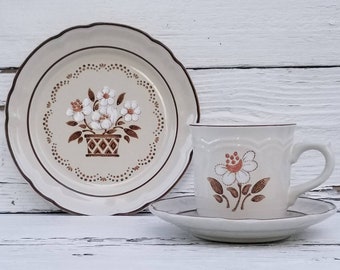 NEW Cumberland MAYBLOSSOM Stoneware Japan - Cup/Saucer New w/Tag or Salad Plate - White & Brown Flower Design - Mayblossom Pattern - CHOICE