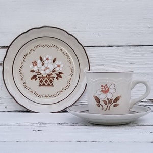 May include: A white ceramic teacup and saucer set with a brown floral design. The cup has a handle and the saucer has a scalloped edge.