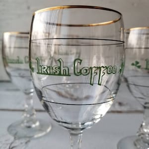 St Patrick Day IRISH COFFEE Stemmed Glass by Cristal D'Arques-Durand - Irish Coffee Wine Goblet - Green Shamrocks & Gold Trim - Set of 2