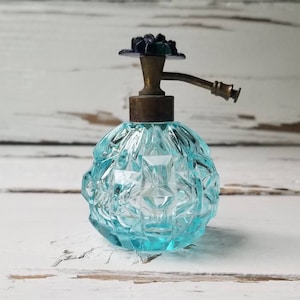 Vintage Perfume Bottle - I.W. Rice Co Blue Flower Top Perfume Bottle - Vintage Collectible Fragrance Bottle - Blue Cut Glass Perfume Bottle