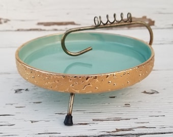 Vintage Aqua & Gold MCM Ashtray - Hand Decorated Weeping Bright Gold 22K Ceramic Ashtray and Metal Frame - Hollywood Regency
