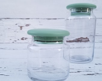 Jadeite Green & Glass Canister Set - Vintage Clear Glass Canisters With Mushroom Shaped Painted Green Wooden Lid - Glass Canister Set of 2