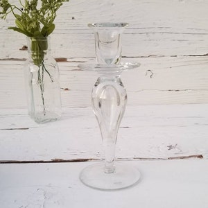 KROSNO POLAND Candleholder - NEW Krosno Poland Blown Glass Candleholder W/ Original Sticker - Clear Glass Candlestick Holder - Krosno Poland
