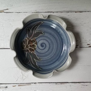 Pottery Bowl Hand Thrown Ruffle Rim Bowl - Cariaso Stoneware Pottery Bowl - Flower & Swirl Pottery Bowl - Catherine Cariaso Pottery