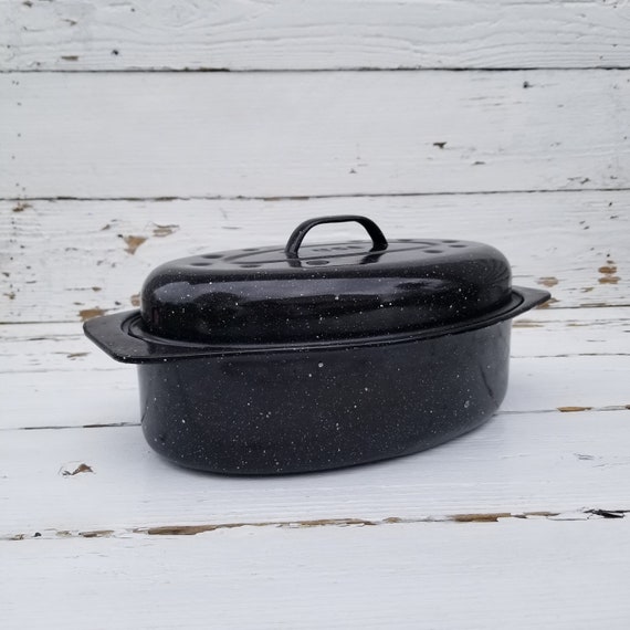 Vintage Enamelware Graniteware Roasting Pan Small Black White Speckled Roaster With Lid Small Farmhouse Kitchen Roasting Pan 13 X 8 Etsy