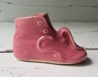 Vintage Morton Pottery Baby Shoe Planter - Pink Glaze Baby Bootie Shoe Planter - Ceramic Baby Bootie - Baby Girl Nursery - Shower Gift