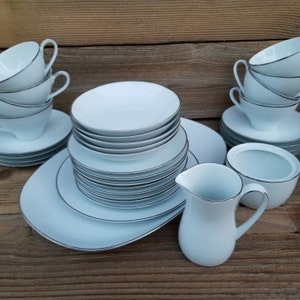 White & Platinum Noritake FREMONT China -Choice of Platter, Dessert Bowl, Creamer, Sugar, Cup/Saucer, Bread or Salad Plate-Sold Individually