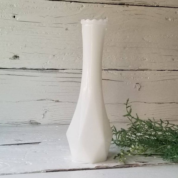 Vintage White Milk Glass Bud Vase - Faceted Geometric - Scalloped Rim - 9" Vase - 2 Available