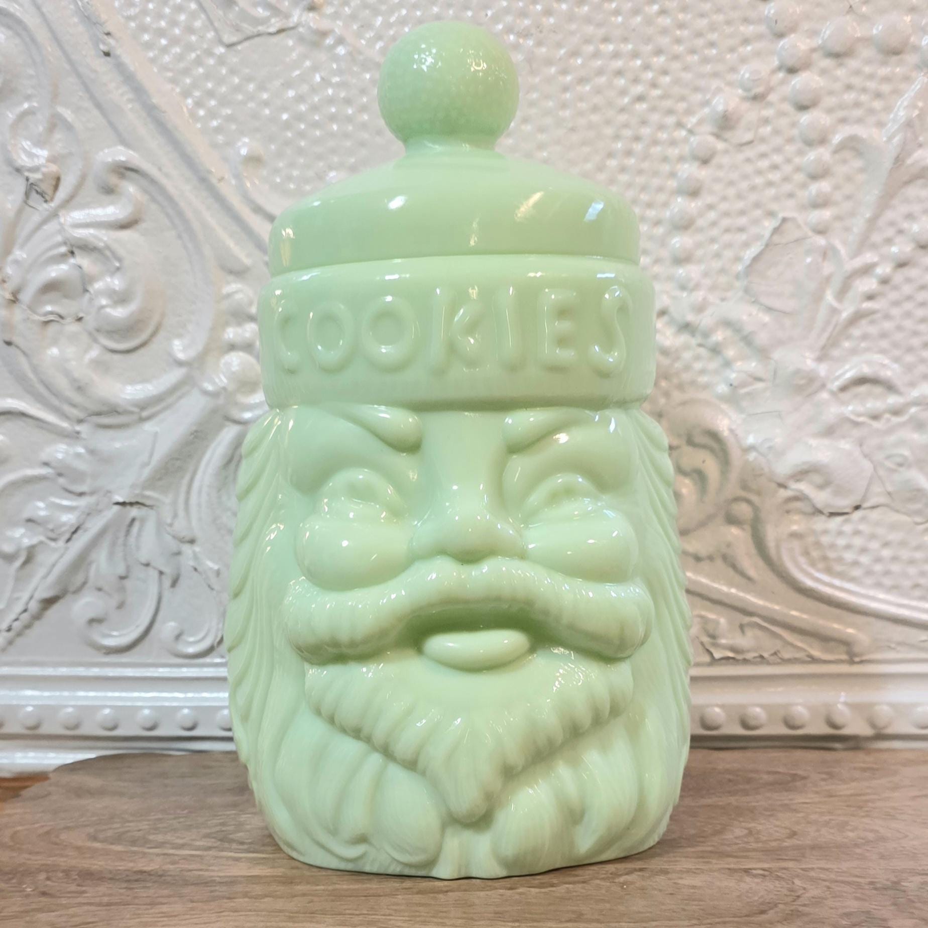 Jadeite Santa Cookie Jar - Cracker Barrel Jade Glassware Santa