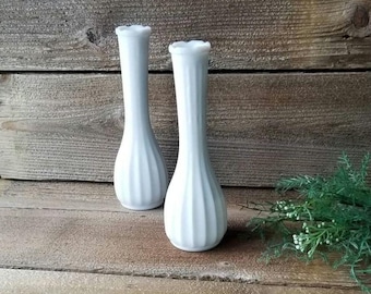 Vintage White Milk Glass Vase - Vertical Rib - Scalloped Ruffle Rim - 8.5" Tall Milk Glass Vase - 2 Available