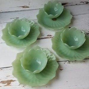 Jadeite Fire King Leaf & Blossom Set, Vintage Blossom Bowl And Leaf Plate, Jadite Lotus Bowl And Leaf Plate - 4 Sets Available