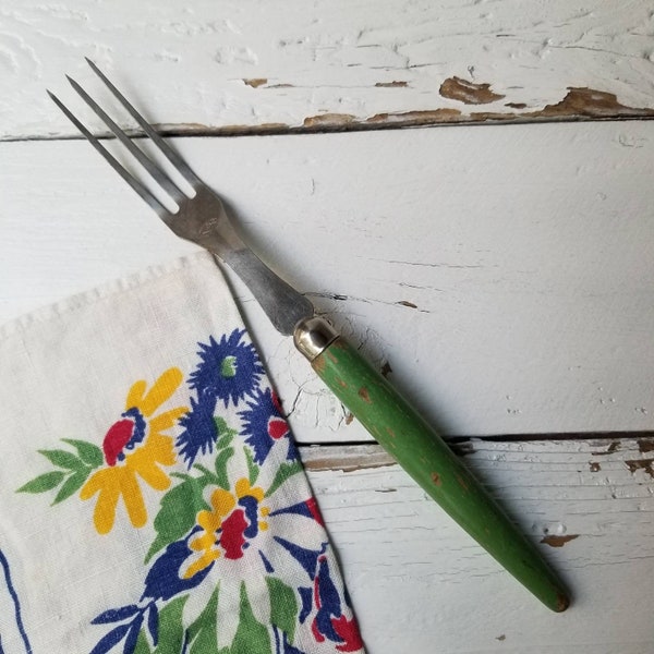 Vintage Green Handle Serving Fork - A & J EKCO Meat Serving Fork - Stainless Steel - Green Wooden Handle Fork - Farmhouse Rustic Utensil