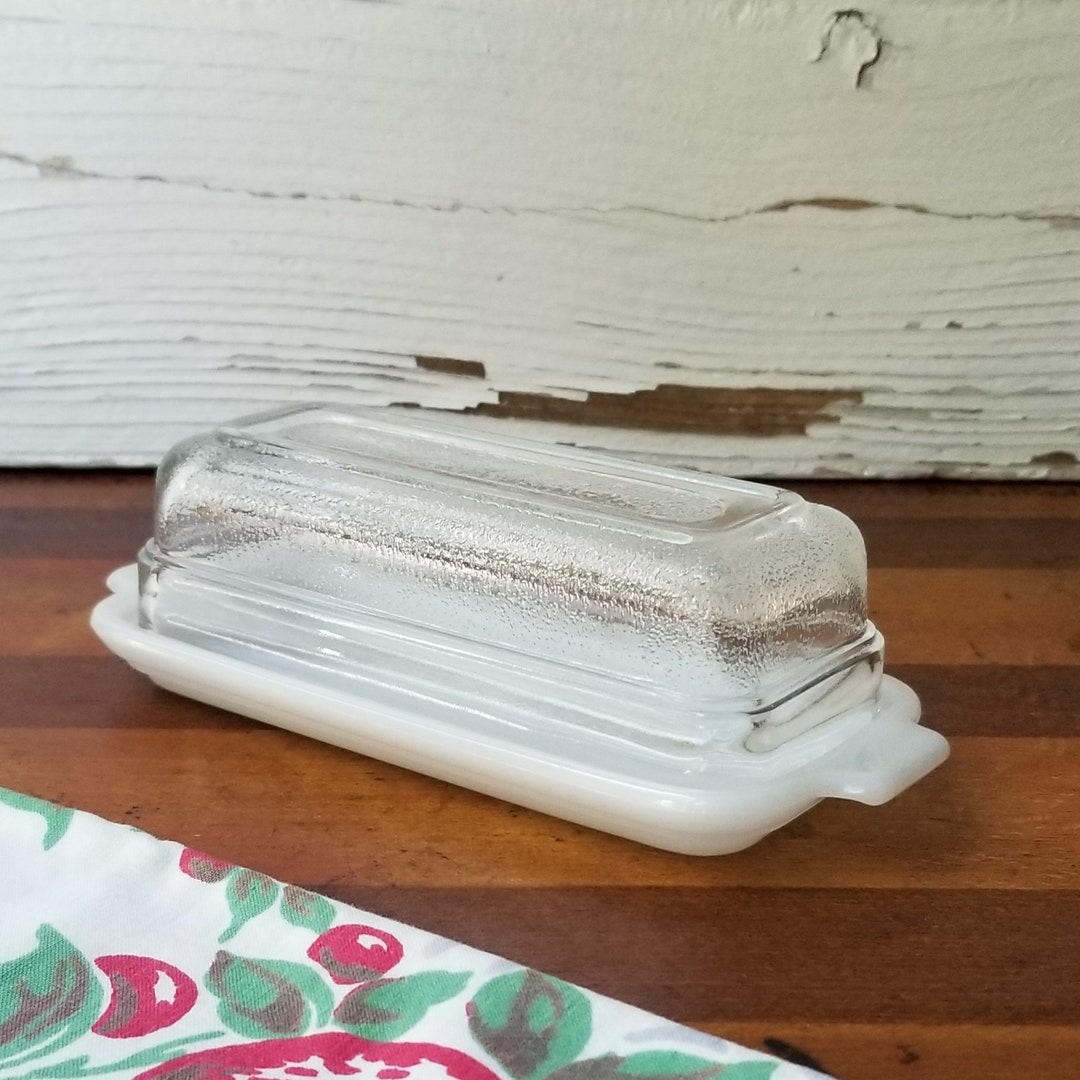 Fire King Butter Dish & Lid Vintage Fire King 1/4 Pound White Butter Dish W/ Frosted Glass Lid