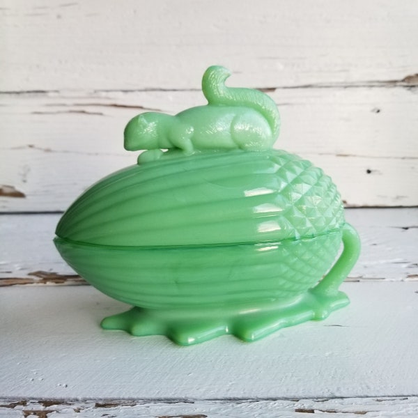 Jadeite Squirrel & Acorn Martha Stewart Candy Dish and Lid - Vintage Martha By Mail Jadeite Squirrel Acorn Covered Dish - Collectible Jadite