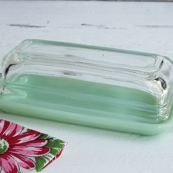 Jadeite Fire King Butter Dish & Lid - 1/4 Pound Jadeite Butter Dish W/ Crystal Lid - Vintage Anchor Hocking Butter Dish - Collectible Jadite
