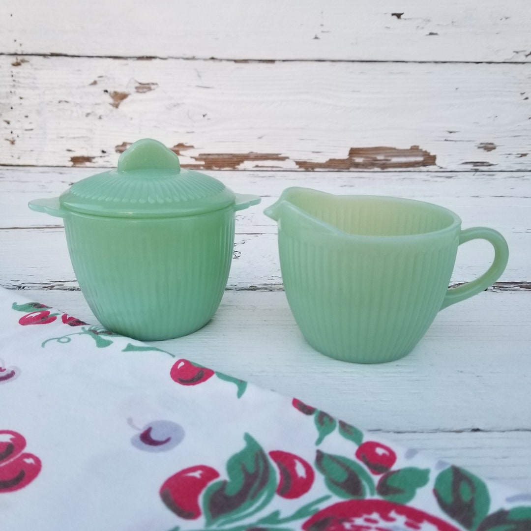 Jadeite Fire King Cream & Sugar Bowl Set Vintage Fire King Jane Ray