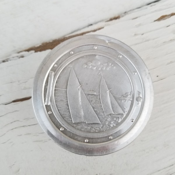 Aluminum Collapsible Cup - Sailboat Travel Cup - Vintage Pocket Size Aluminum Cup & Sailboat Embossed Lid - Camping - Travel - On The Go Cup