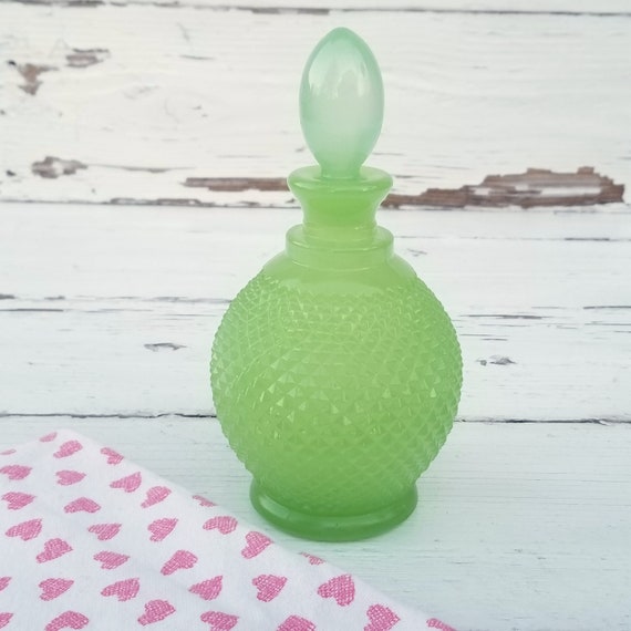 Vintage Jadeite Perfume Bottle & Stopper - Diamond Cut Jadite Perfume Bottle and Dabber - Green Glass Fragrance Bottle