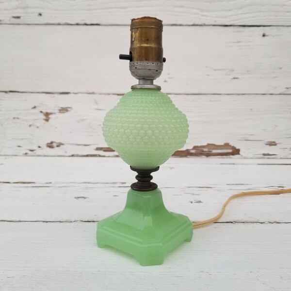 Vintage Jadeite Hobnail Lamp - Jadite Glass Lamp - Jadeite Boudoir Lamp