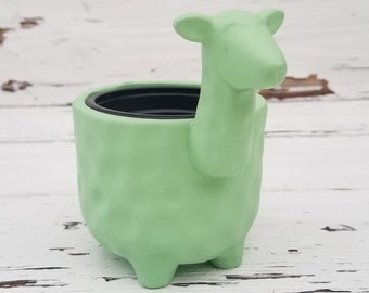 Jadeite Green Llama Planter - Green Ceramic Llama Shaped Flower Pot - Mint Green Painted Succulent Pot - Llama Plant Pot