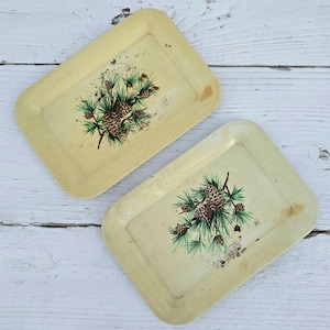 Christmas Tip Trays - Vintage Pine Cone Trays - Metal Canape Trays - Holiday Trays - Pine Cone Motif - Cabin Lakehouse Lodge Decor