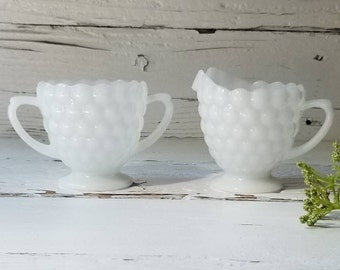 Vintage Milk Glass Bubble Cream & Sugar Set - Anchor Hocking White Milk Glass - Bubble Creamer and Sugar Bowl - Bubble Milk Glass Set