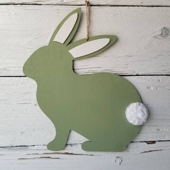 Décoration murale de lapin de Pâques Lapin en bois vert sauge et blanc avec  queue de ruban blanc Décor de Pâques de printemps CHOIX d'écharpe en ruban  ou sans écharpe 