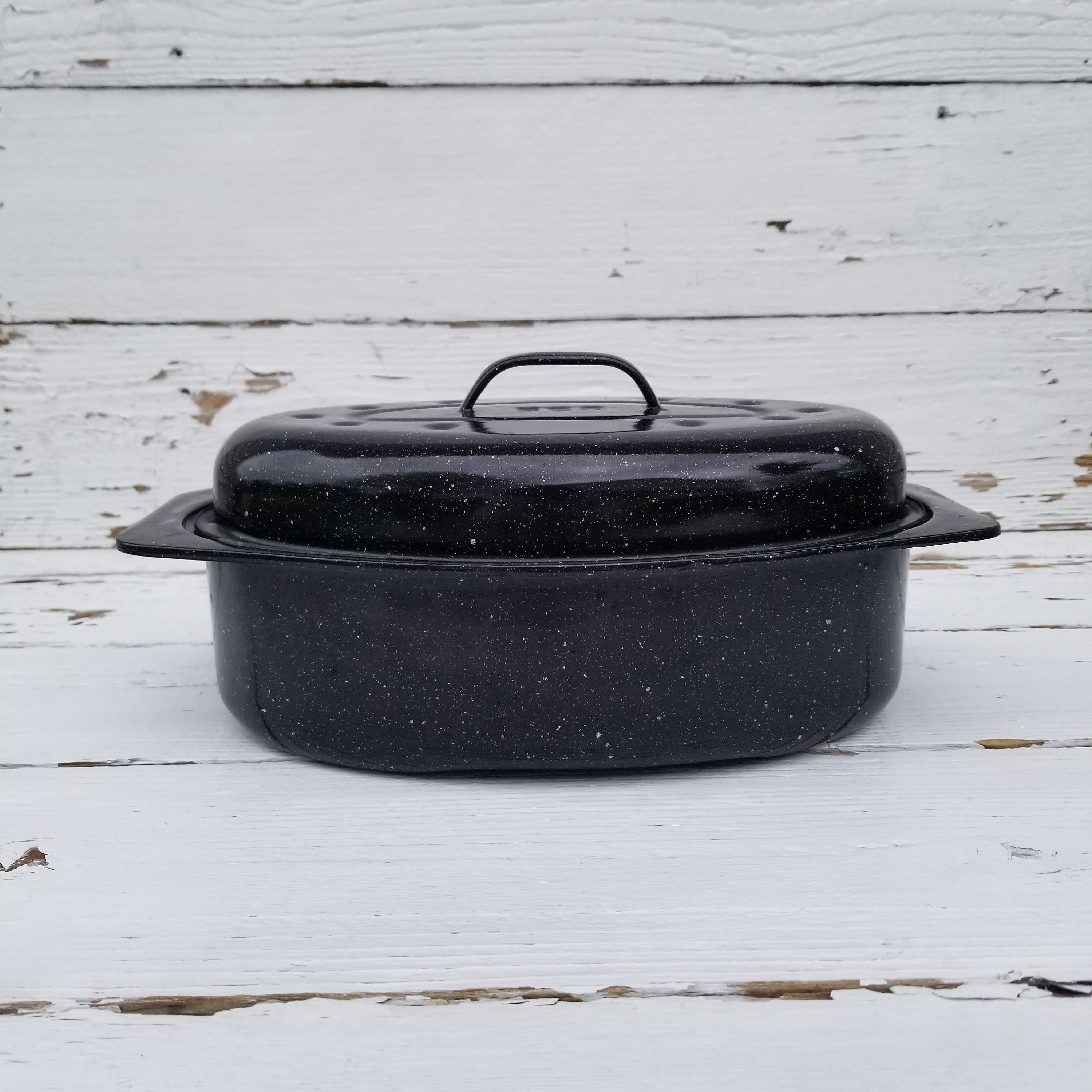 Cast Iron Black Enamel Roasting Pan Vintage Enamelware Graniteware