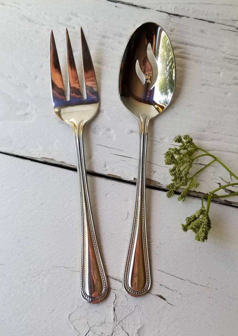 Cuisinart Serving Fork Or Spoon Beaded Stainless 18/10 Serving Utensils CUI8 Bead Handle Meat Fork & Pierced Slotted Spoon 4 Available Serving Fork & Spoon