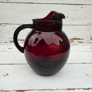 Fire King Ruby Red Tilt Ball Pitcher - Anchor Hocking Red Glass Ball Pitcher - Vintage Red Pitcher With Ice Lip - Red Glass Pitcher