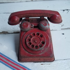 Vintage Metal Toy Phone - Red Steel Toy Rotary Telephone - Child&#39;s Play Phone - Photo Prop - Rustic  Farmhouse - Chippy Red Metal Toy Phone