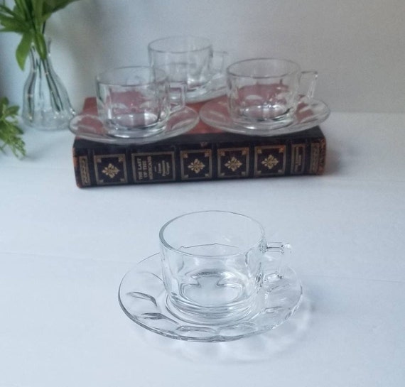 Vintage ARCOROC France 'PETALE', Thumbprint Glass Cups & Saucers- Set Of 8
