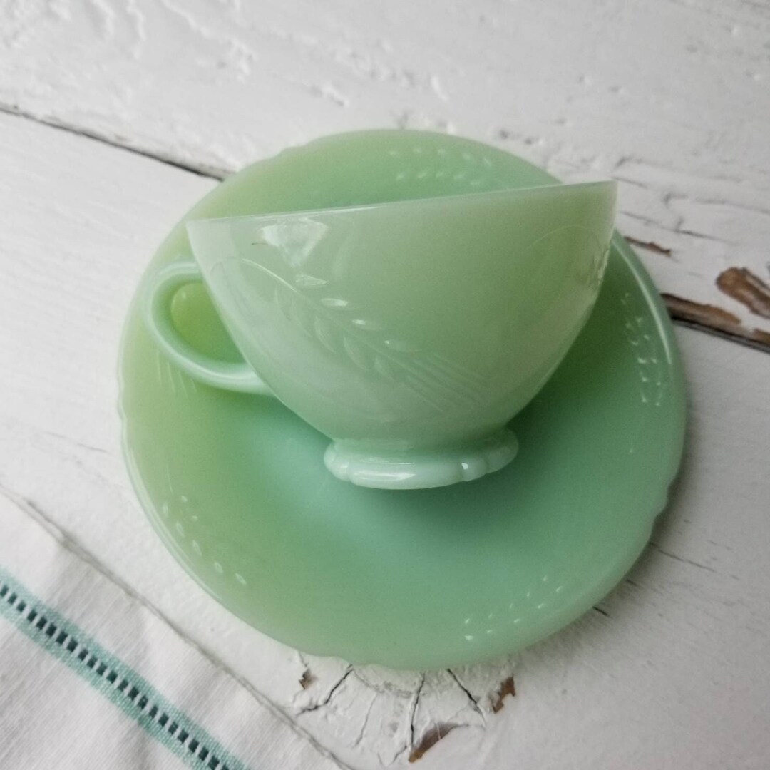RARE Jadeite Sheaves of Wheat Fire King Cup & Saucer Set Vintage Anchor