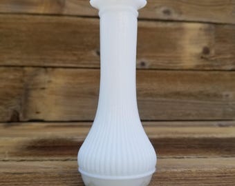 Vintage Milk Glass Ribbed Bud Vase With Scalloped Ruffle Rim