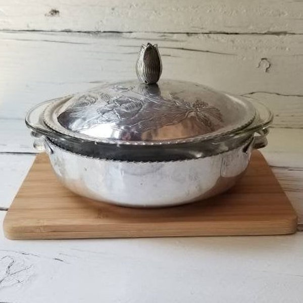 Pyrex & Hammered Aluminum Covered Casserole - Vintage Tulip Design Hammered Aluminum W/Tulip Knob Lid - Pyrex Glass Casserole - Serving Dish