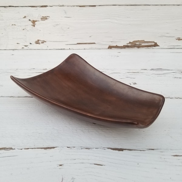 Vintage Ceramic Centerpiece Dish Bowl Assymetrical Statement Faux Wood Pottery Oblong Mid Century Curved Hammock Trinket Cigar Candle Tray