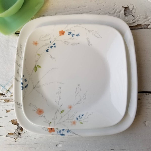 Corelle Boutique ADLYN Dinner or Salad Plate - White Square Plate - Spring Flowers Dotted Stems - CHOICE Dinner or Salad/Lunch Plate - NEW